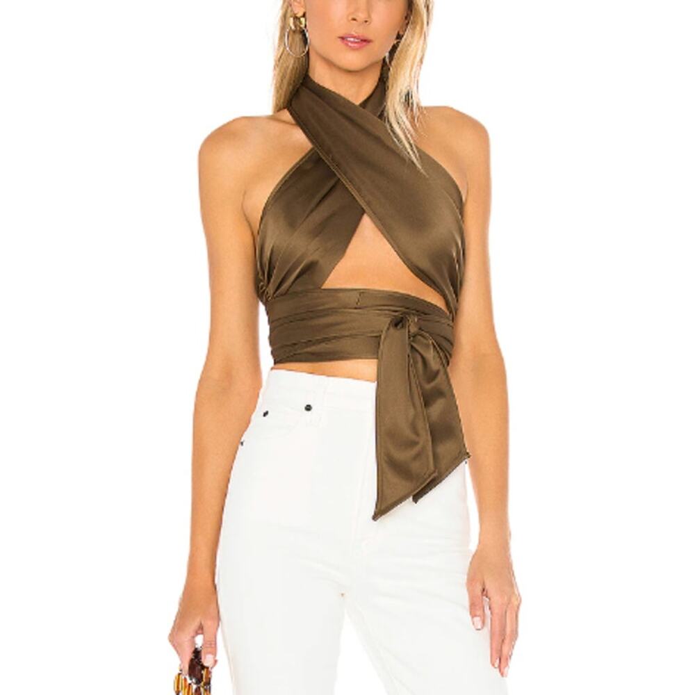 New REVOLVE LPA Women's Taupe Criss Cross Cropped Gathered Wrap 532 Top Size L - Picture 2 of 10